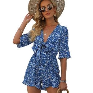Amazon - Tie Knot Floral Print Ruffle Hem Romper Medium